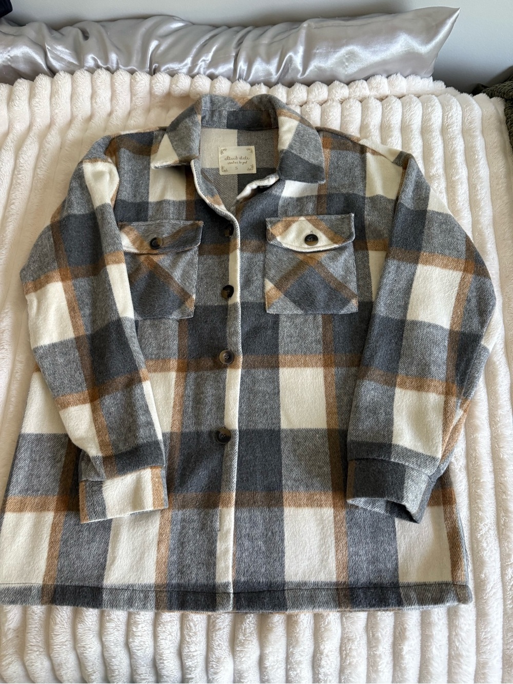 Altar'd State Plaid Pea Coat in Gray, Cream & Brown